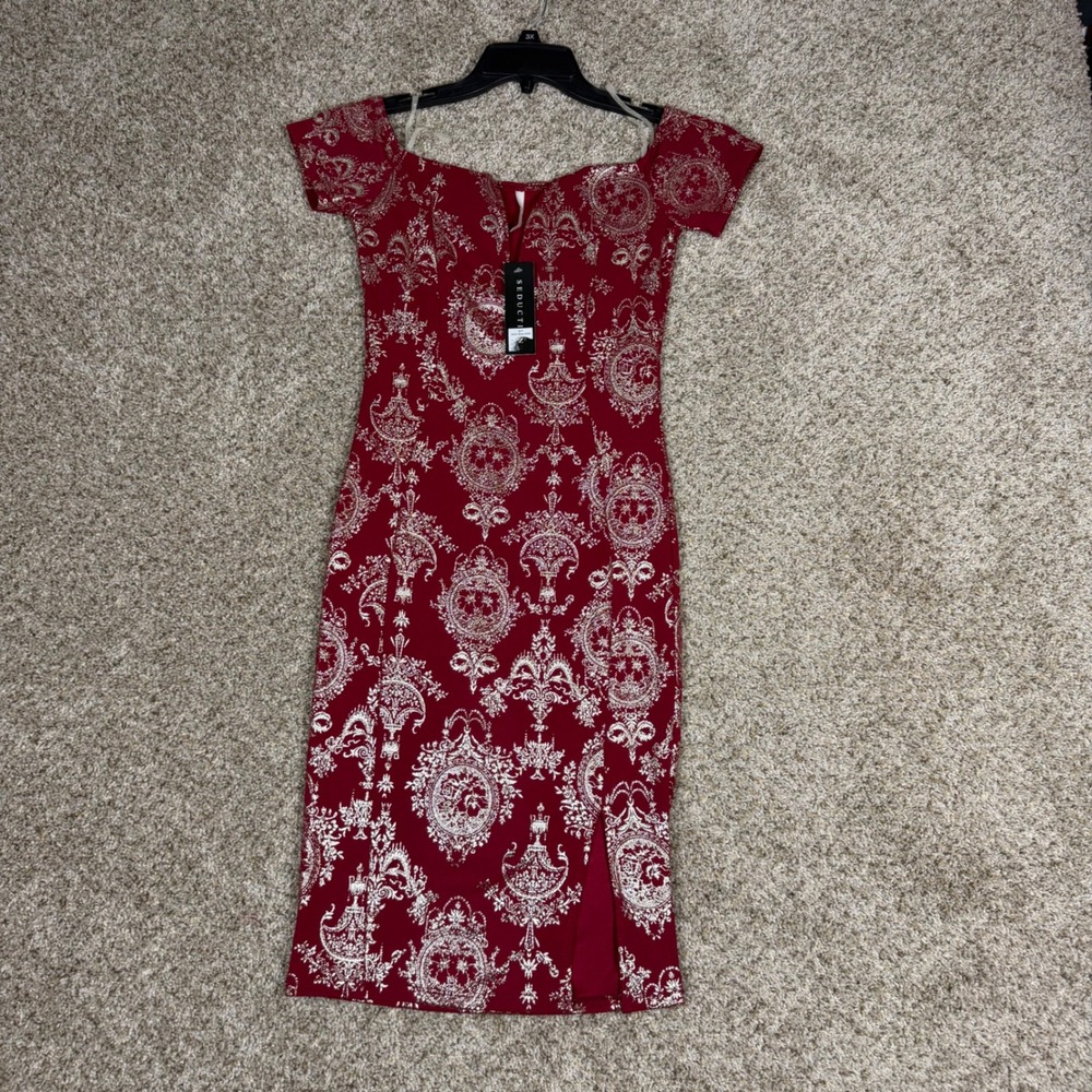 Seduction Burgundy Gold Baroque Off Shoulder Midi Dress NWT Small Formal Holiday